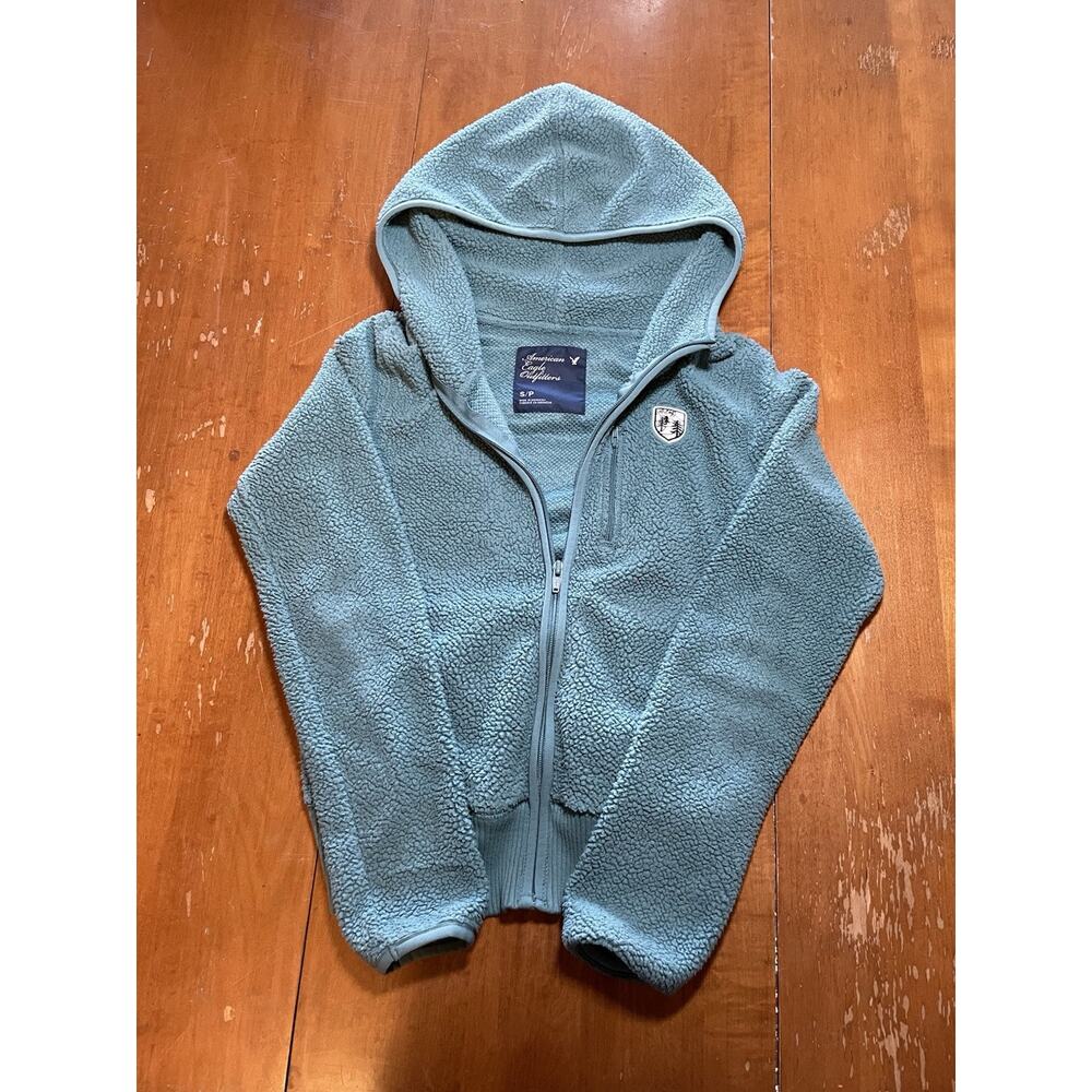 Vintage Y2K American Eagle Outfitters Sherpa Fleece Zip Hoodie Small Blue